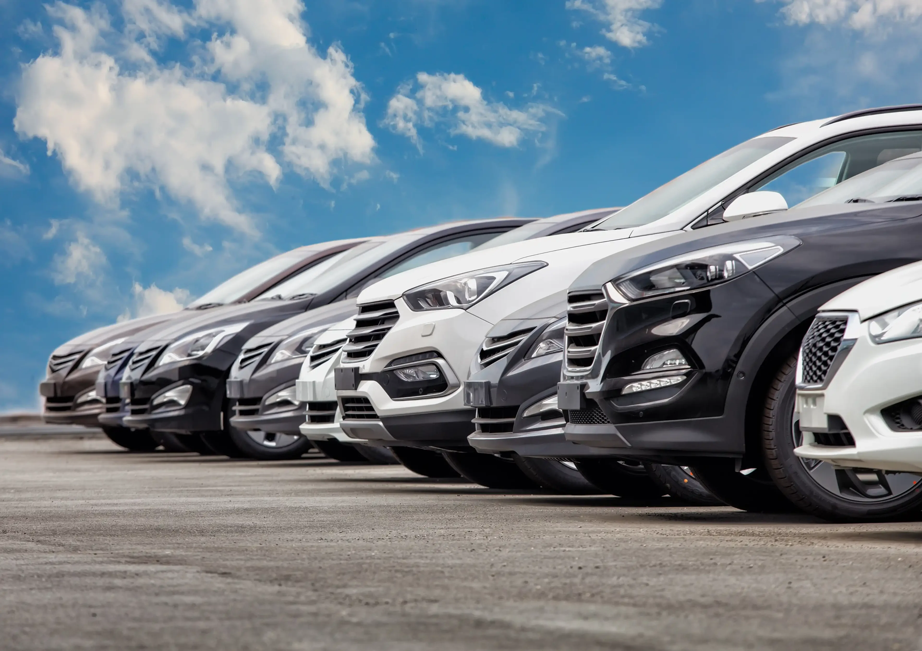 Row of modern SUVs parked outdoors under a blue sky.